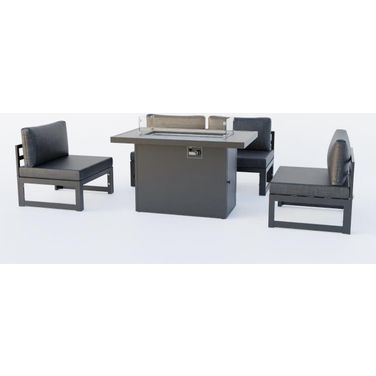 LeisureMod Chelsea 5-Piece Middle Patio Chairs and Fire Pit Table Set Black Aluminum With Cushions In Black