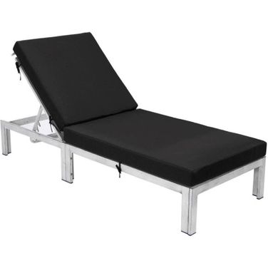 LeisureMod Chelsea Modern Outdoor Weathered Grey Chaise Lounge Chair With Cushions In Black