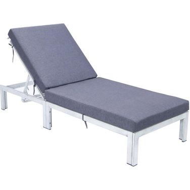 LeisureMod Chelsea Modern Outdoor Weathered Grey Chaise Lounge Chair With Cushions In Blue