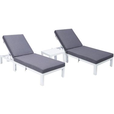 Leisuremod Chelsea Modern Outdoor White Chaise Lounge Chair Set Of 2 With Side Table And Cushions In Blue