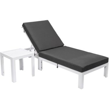 Leisuremod Chelsea Modern Outdoor White Chaise Lounge Chair With Side Table And Cushions In Black