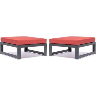 LeisureMod Chelsea Outdoor Patio Red Aluminum Ottomans With Cushions Set Of 2