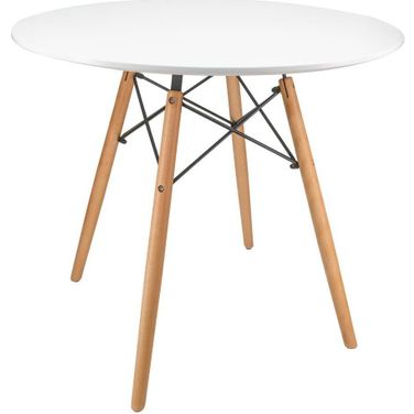 LeisureMod Dover Round Bistro Wood Top Dining Table With Natural Wood Eiffel Base In Black