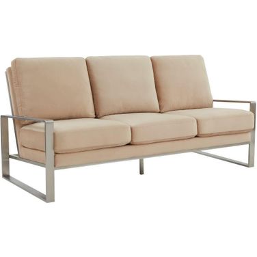 Leisuremod Jefferson Contemporary Modern Design Velvet Sofa With Silver Frame In Beige