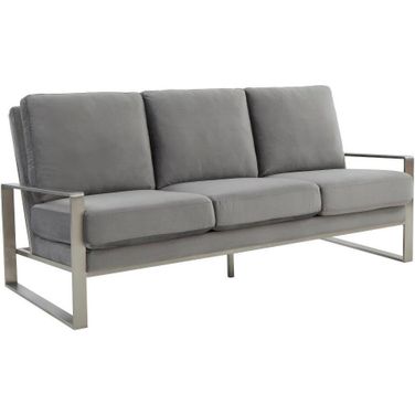 Leisuremod Jefferson Contemporary Modern Design Velvet Sofa With Silver Frame In Light Grey