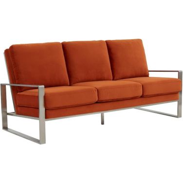 Leisuremod Jefferson Contemporary Modern Design Velvet Sofa With Silver Frame In Orange