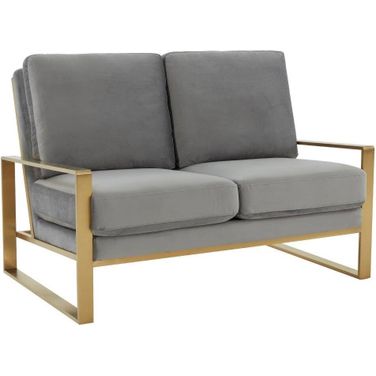 Leisuremod Jefferson Contemporary Modern Velvet Loveseat With Gold Frame In Light Grey
