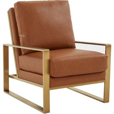 Leisuremod Jefferson Leather Modern Design Accent Armchair With Elegant Gold Frame In Cognac Tan