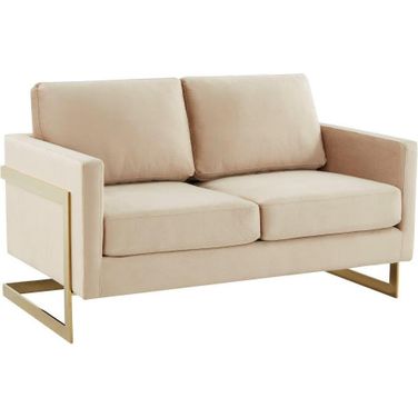 LeisureMod Lincoln Beige Modern Mid-Century Upholstered Velvet Loveseat with Gold Frame