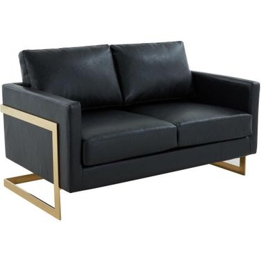 LeisureMod Lincoln Black Modern Mid-Century Upholstered Leather Loveseat with Gold Frame