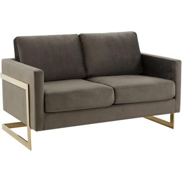 LeisureMod Lincoln Dark Grey Modern Mid-Century Upholstered Velvet Loveseat with Gold Frame