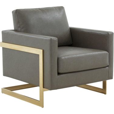 LeisureMod Lincoln Grey Modern Upholstered Leather Accent Arm Chair with Gold Frame
