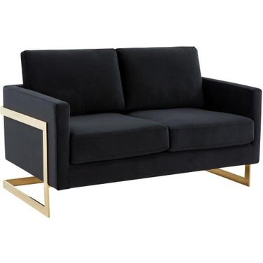 LeisureMod Lincoln Midnight Black Modern Mid-Century Upholstered Velvet Loveseat with Gold Frame