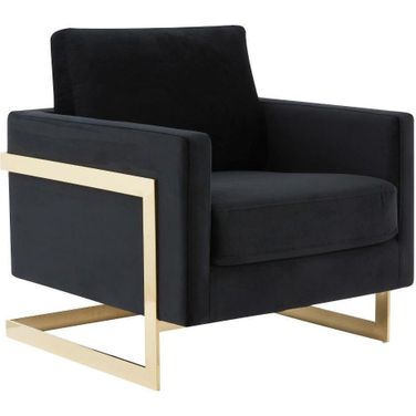 LeisureMod Lincoln Midnight Black Modern Upholstered Velvet Accent Arm Chair with Gold Frame