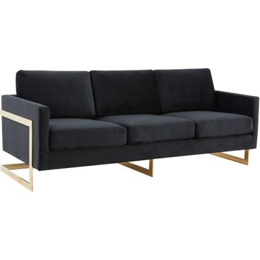 LeisureMod Lincoln Modern Mid-Century Upholstered Black Velvet Sofa with Gold Frame