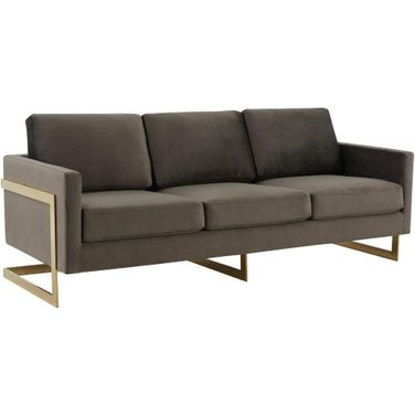 LeisureMod Lincoln Modern Mid-Century Upholstered Dark Grey Velvet Sofa with Gold Frame