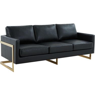 LeisureMod Lincoln Modern Mid-Century Upholstered Leather Black Sofa with Gold Frame