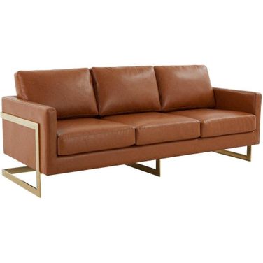 LeisureMod Lincoln Modern Mid-Century Upholstered Leather Tan Sofa with Gold Frame