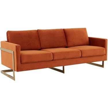 LeisureMod Lincoln Modern Mid-Century Upholstered Orange Velvet Sofa with Gold Frame