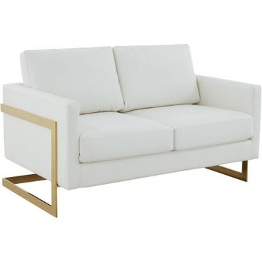 LeisureMod Lincoln White Modern Mid-Century Upholstered Leather Loveseat with Gold Frame