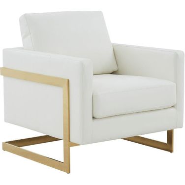 LeisureMod Lincoln White Modern Upholstered Leather Accent Arm Chair with Gold Frame