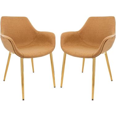LeisureMod Markley Modern Leather Light Brown Dining Arm Chair With Gold Metal Legs Set of 2