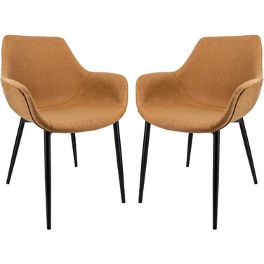 LeisureMod Markley Modern Leather Light Brown Dining Arm Chair With Metal Legs Set of 2