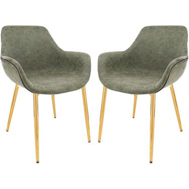 LeisureMod Markley Modern Leather Olive Green Dining Arm Chair With Gold Metal Legs Set of 2