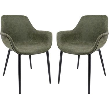 LeisureMod Markley Modern Leather Olive Green Dining Arm Chair With Metal Legs Set of 2
