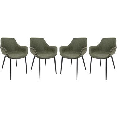 LeisureMod Markley Modern Leather Olive Green Dining Arm Chair With Metal Legs Set of 4