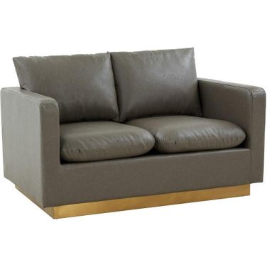 Leisuremod Nervo Modern Mid-Century Upholstered Leather Loveseat With Gold Frame In Grey