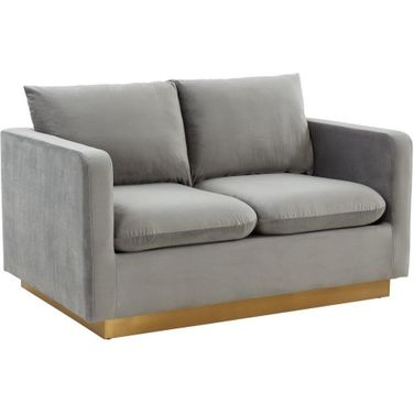 Leisuremod Nervo Modern Mid-Century Upholstered Velvet Loveseat With Gold Frame In Light Grey