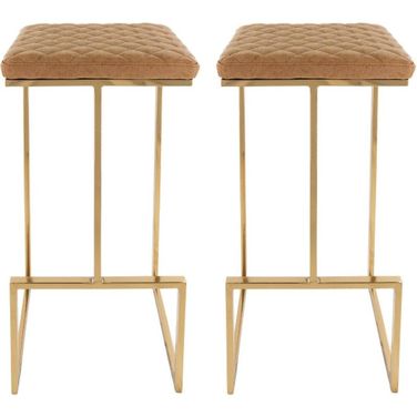 Leisuremod Quincy Leather Light Brown Bar Stools With Gold Metal Frame Set Of 2