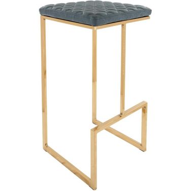 LeisureMod Quincy Quilted Stitched Leather Bar Stools With Gold Metal Frame In Blue