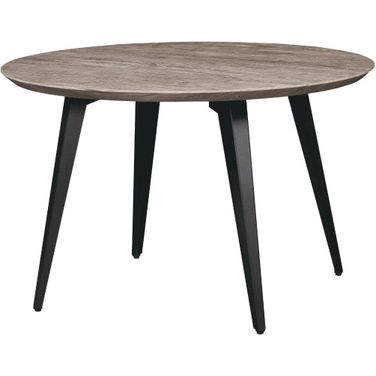 LeisureMod Ravenna Modern Round Wood 47 Inch Dining Table With Metal Legs In Weathered Oak