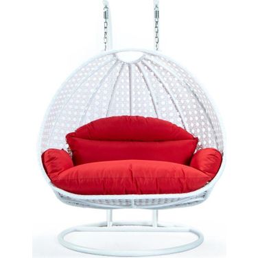 Red Wicker Hanging 2 Person Egg Swing Chair In Red/White