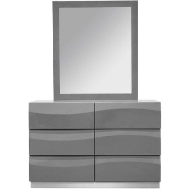 Leon 2 Piece Poplar Wood Dresser And Mirror Set In Gray High Gloss