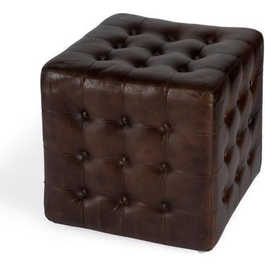 Leon Button Tufted Leather Ottoman In Chocolate