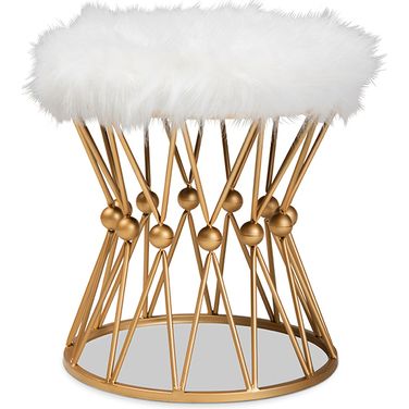 Leonie Glam And Luxe White Faux Fur Upholstered Gold Finished Metal Ottoman