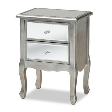 Leonie Wood and Mirrored Glass 2 Drawer End Table In Silver