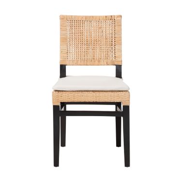 Lesia Natural Rattan Handwoven Wicker Side Chair with Cushion and Mahogany Wood Frame In Espresso Brown and White