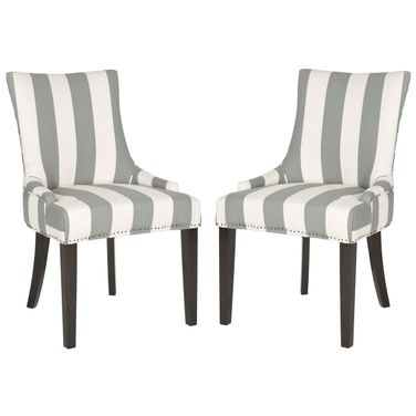 Lester 19 Inch Awning Stripes Dining Chair Set of 2 with Flat Nail Heads in Grey and Bone