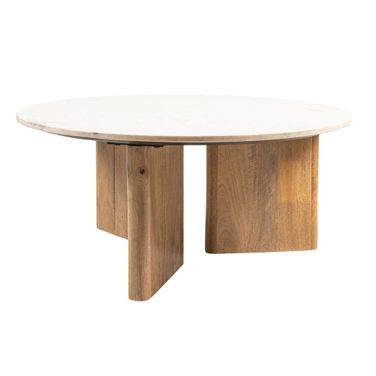 Levi Round Tri-Pod Slat Mango Wood and Marble Coffee Table In Natural