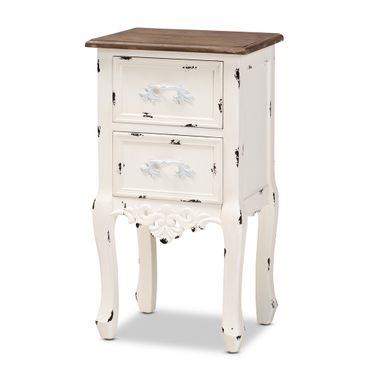 Levron Two Tone Wood 2 Drawer End Table In Antique White and Walnut Brown