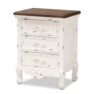 Levron Wood 3 Drawer End Table In Antique White and Walnut Brown
