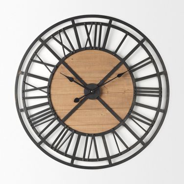 Lewiston 30.1H Iron with Wood Round Wall Clock In Black