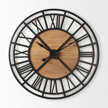 Lewiston 42.1H Iron with Wood Round Wall Clock In Black