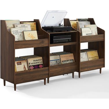Liam 3 Piece Record Player Stand and Vinyl Storage Set In Walnut