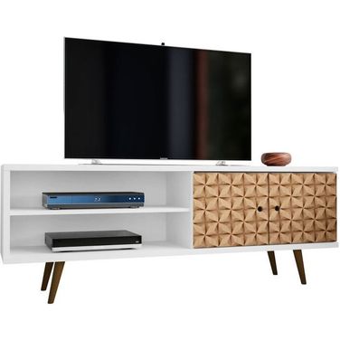Liberty 62.99 Inch Mid-Century - Modern TV Stand With 3 Shelves And 2 Doors In White And 3D Brown Prints
