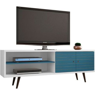 Liberty 62.99 Inch Mid-Century - Modern TV Stand With 3 Shelves And 2 Doors In White And Aqua Blue With Solid Wood Legs